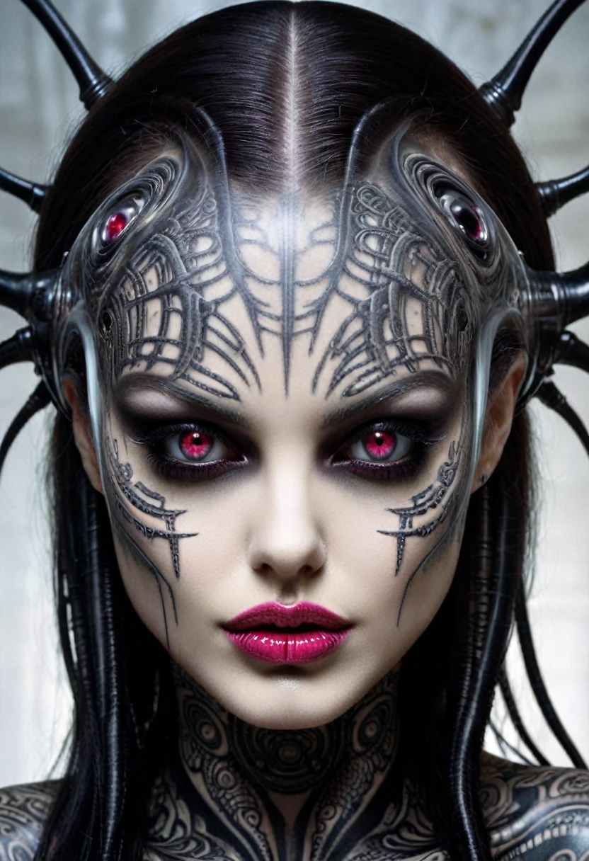 Hr giger tattooed sexy seductive dead girl, perfect face, hyper detailed ruby eyes, full body view,