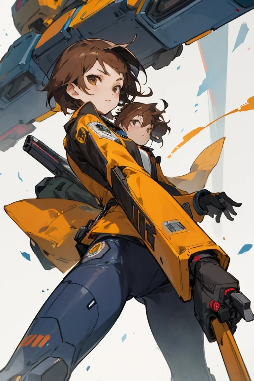 Mujer, short brown hair, robot, con una pistola