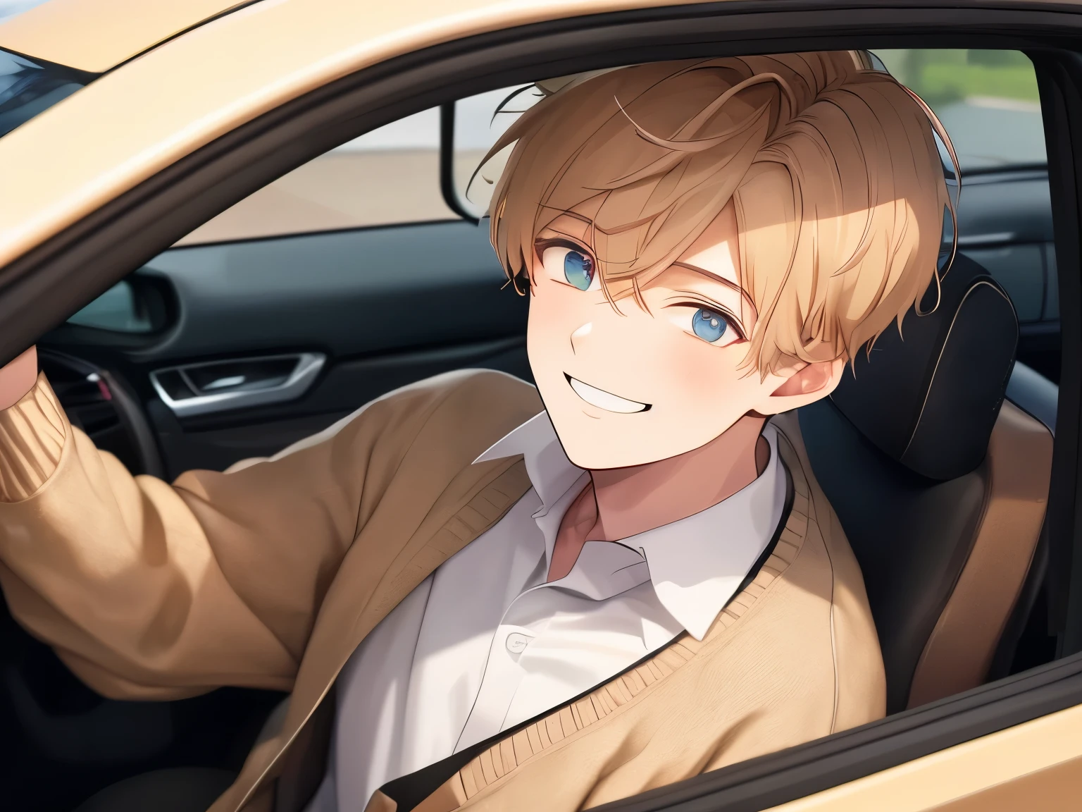 (8K, best quality, master piece: 1.2), super high resolution,ultra-detailed face,detailed eyes,25yo,1 man,driving car, inside car,high speed,A kind smile,White Shirt,Beige cardigan