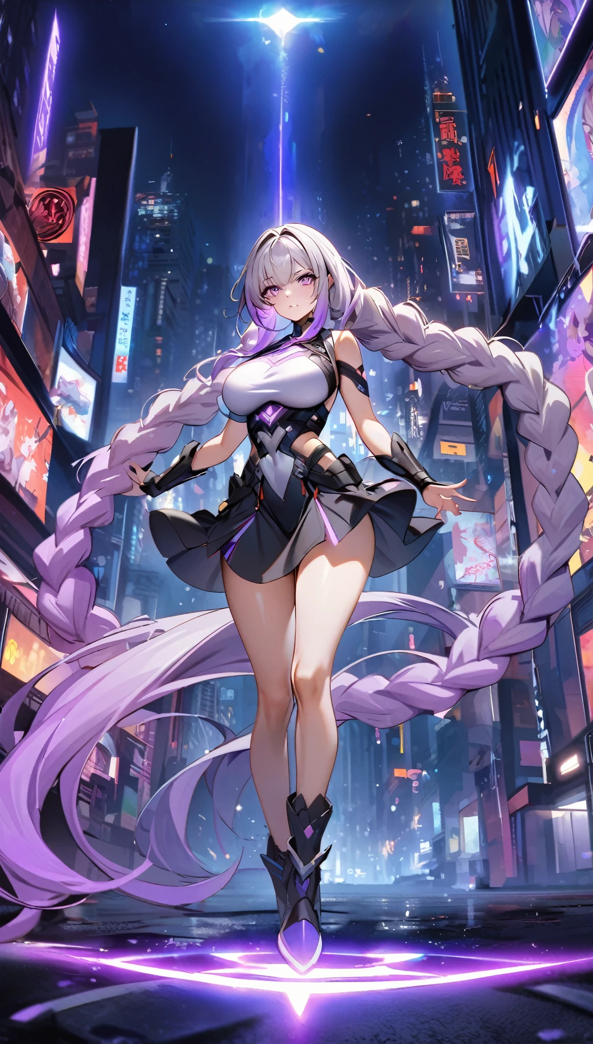 Full body portrait of a man posing fiercely against a neon-lit city background,Night view, yinji , 1 Girl, purple hair,purple eyes,very long hair,grey hair,double braid,large breasts,gradient hair, She is exercising her power, So there is a bright light behind her, Light up her white top. And put some black aura around you,To refer to your mysterious power.