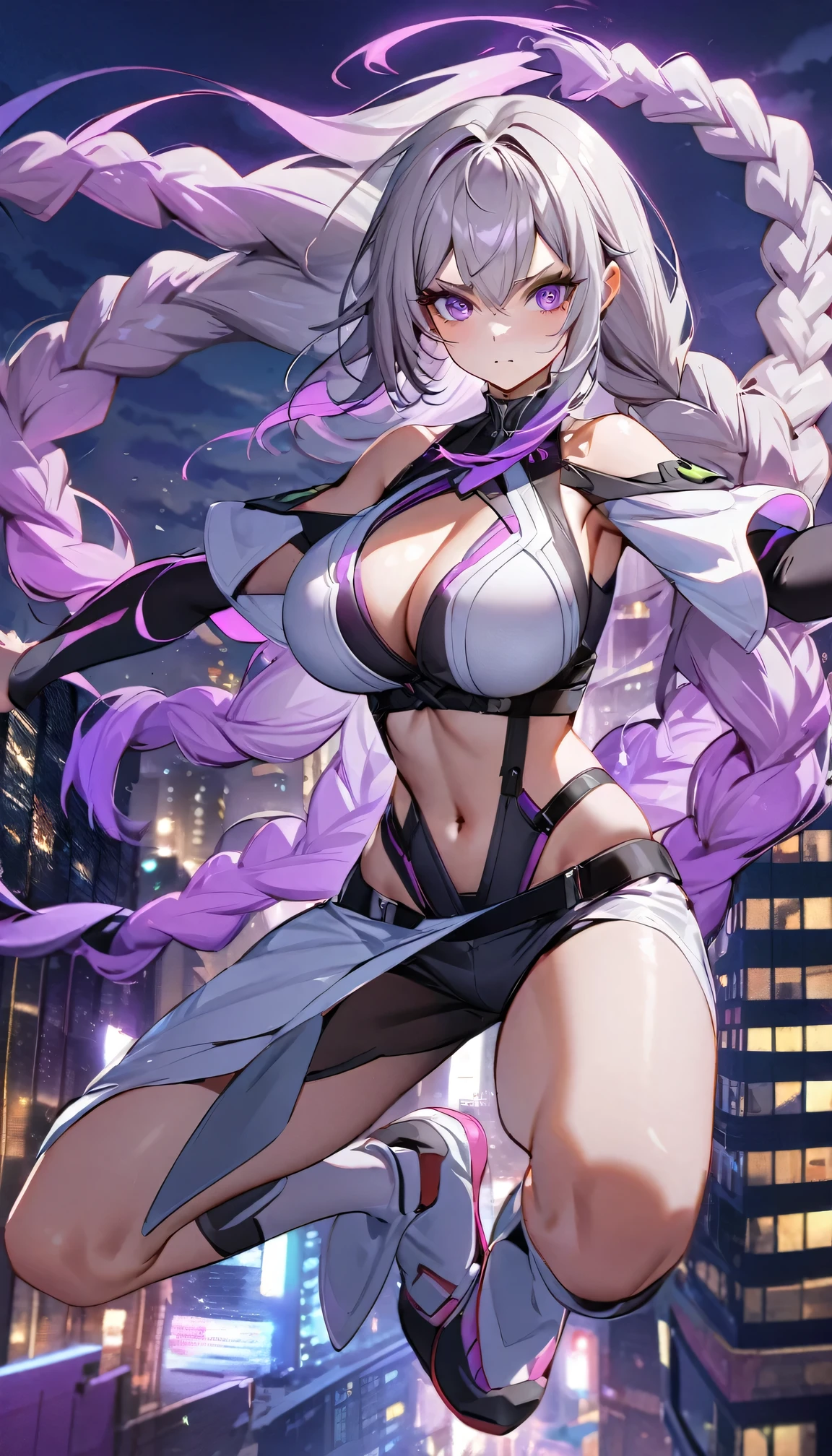 Full body portrait of a man posing fiercely against a neon-lit city background,Night view, yinji , 1 Girl, purple hair,purple eyes,very long hair,grey hair,double braid,large breasts,gradient hair, She is exercising her power, So there is a bright light behind her, Light up her white top. And put some black aura around you,To refer to your mysterious power.