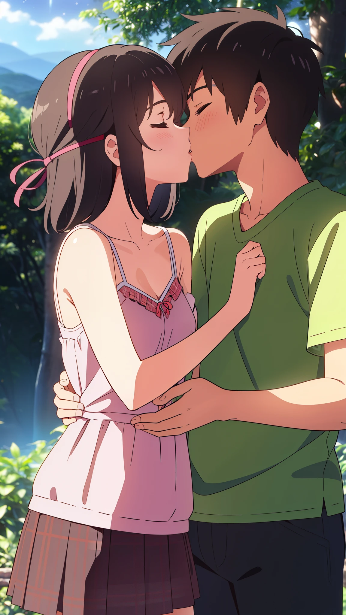 shinkai makoto, Kimi No Na Wa., 1 boy, Shaved head, , Boys are behind girls, Touching the chest, Rubbing breasts from behind, grab, grabbing chest,chestgrab behind back, Remove your bra, Hold the bra, Embrace, Embrace, Kiss on the neck, One girl, Black Hair, Waterfall knitting, Red ribbon, Long Hair, Brown eyes, blue star necklace, Light Cardigan Pink, Open shirt, Yellow shirt Open shift, belly button, cute, Open your mouth, whole body, Long sleeve, Cowboy Shot, masterpiece, On a date, Blushing, Bedroom, night, Sit on the bed , Shaved head,Topless,Nipples are erect,Armpit sweat,Shyness,clear,High exposure,Having my armpits licked,His arms are tied and he is hanging from a rope、A beautiful adult woman with long hair、Underhair grows,Peeing