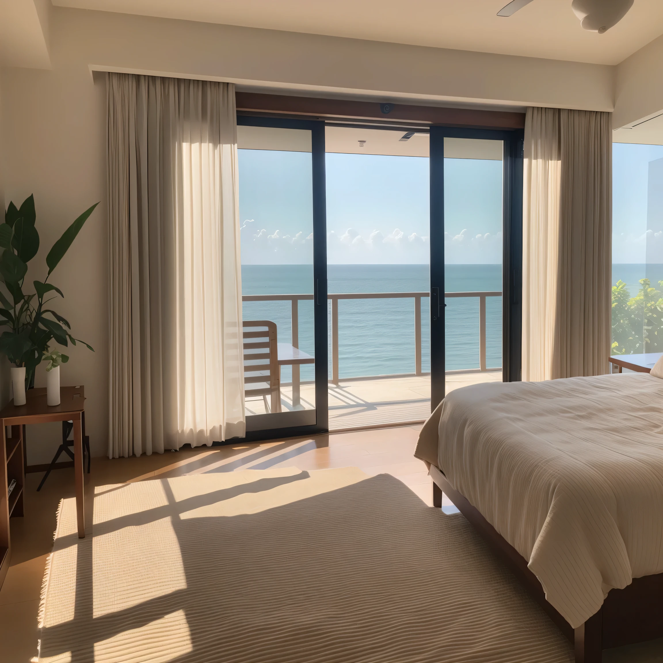 Large bedroom、Large bedroom、Double bed、By the Sea、Surfboard interior、Image of the whole room、500㎡、Wide-angle shot、A broad perspective、wide、table、Natural interior、Foliage plant、Burgundy curtains、rug、interior、Stylish、Stand lamp、Asahi、sun、Realistic、masterpiece、beautiful、8k、highest quality、Attention to detail、8k、Sharpness
