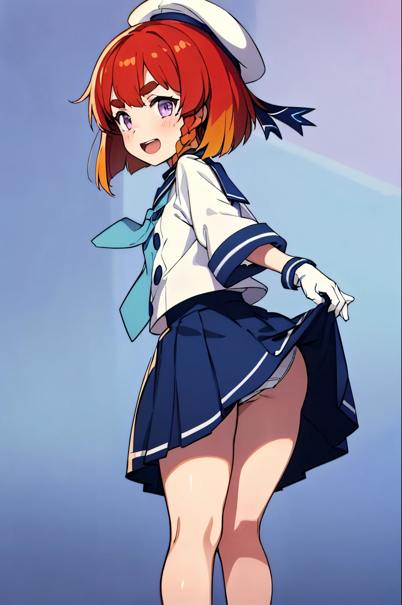 masterpiece, highest quality,
One girl, alone,
Bent over, close, smile, Open your mouth,
Etorofu \(Kantai Collection\), short hair, Redhead, Bobcut, Twin Blade, Thick eyebrows, Purple eyes, Side braid, Twin Blade, , flat_chest,
, serafuku, White Hat, Blue neckerchief, Blue Ribbon, Hair Ribbon,  White gloves, (Panty shot) From behind　Skirt Lift