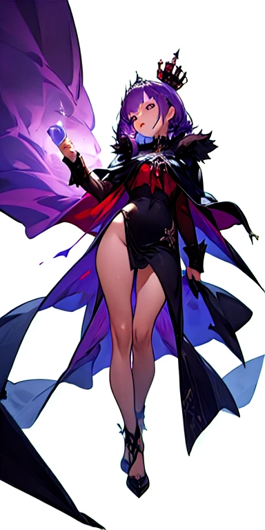 [(White Background:1.5)::5], Isoscale, 1 girl, Dim Light, Fantasy 2.0, Wide Shot, Purple Hair, expensive, Cape, fit, Obscene, Gothic, Crown, fist, Looking down, whole body 