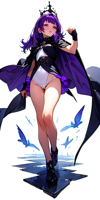 [(White Background:1.5)::5], Isoscale, 1 girl, Dim Light, Fantasy 2.0, Wide Shot, Purple Hair, expensive, Cape, fit, Obscene, Gothic, Crown, fist, Looking down, whole body 