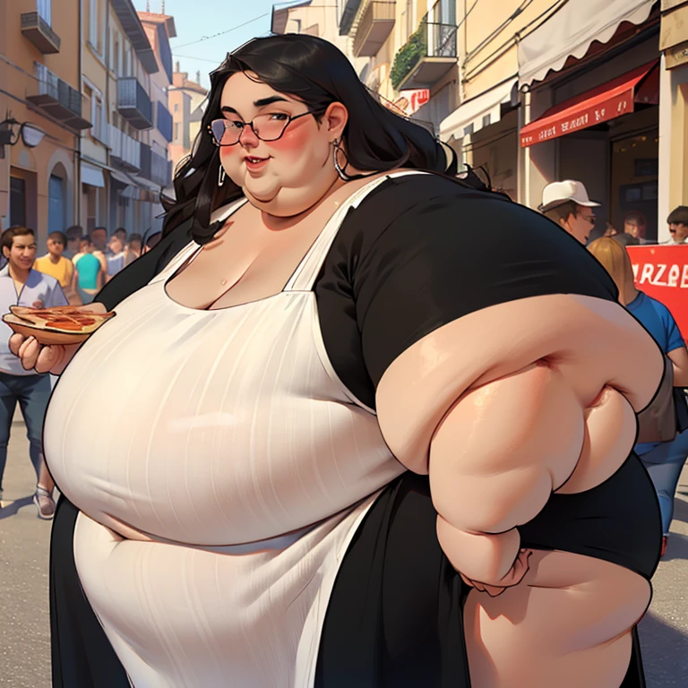 masterpiece, best quality, highres, (detailed:1.2), (realistic:1.2), young italian woman, USSBBW, (morbidly obese:1.3), (fatblob:1.3), (detailed face, beautiful face), high aesthetic, embarrassed expression, small smile, holding a slice of pizza, pizzeria, black dress, earrings, sunglasses