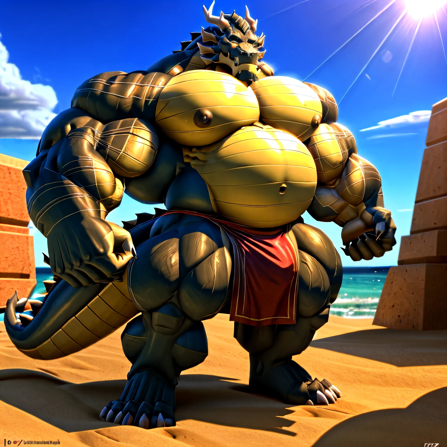 shendu, eastern dragon king, male dragon, eastern dragon,hefty body, with very big muscles, hulking, huge, colossal body, extremely strong, big abdominal muscles, hefty musclegut, pecs, Strong and robust musclegut , prominent muscle abs, sharp claws, legs, feet, full body, loincloth, nipples, sunlight, daylight, outdoor, bright , at noon, good weather, 4k, best quality,