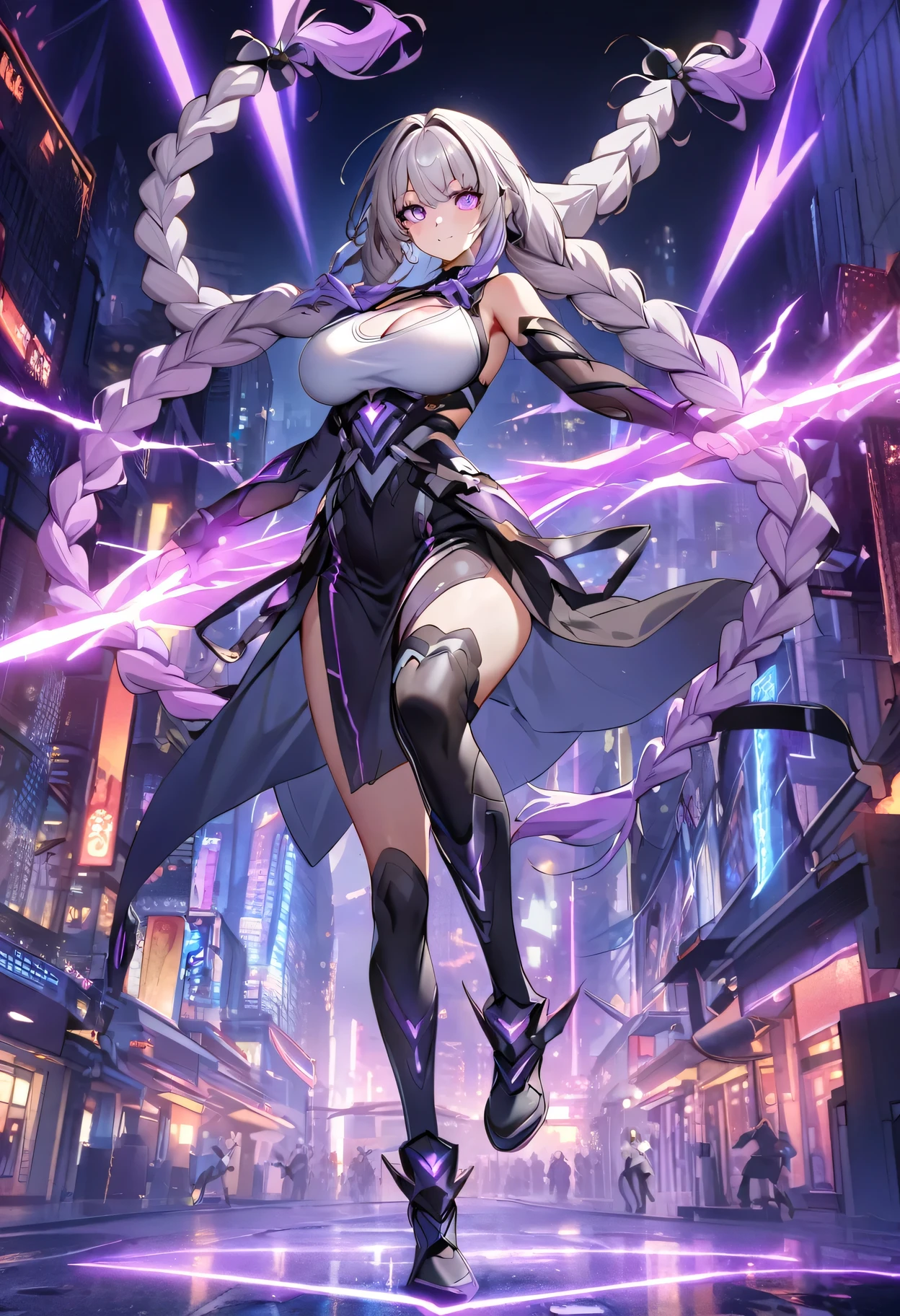 Full body portrait of a man posing fiercely against a neon-lit city background,Night view, yinji , 1 Girl, purple hair,purple eyes,very long hair,grey hair,double braid,large breasts,gradient hair,  She is exercising her power, So there is a bright light behind her, Light up her white top. And put some black aura around you，To refer to your mysterious power.