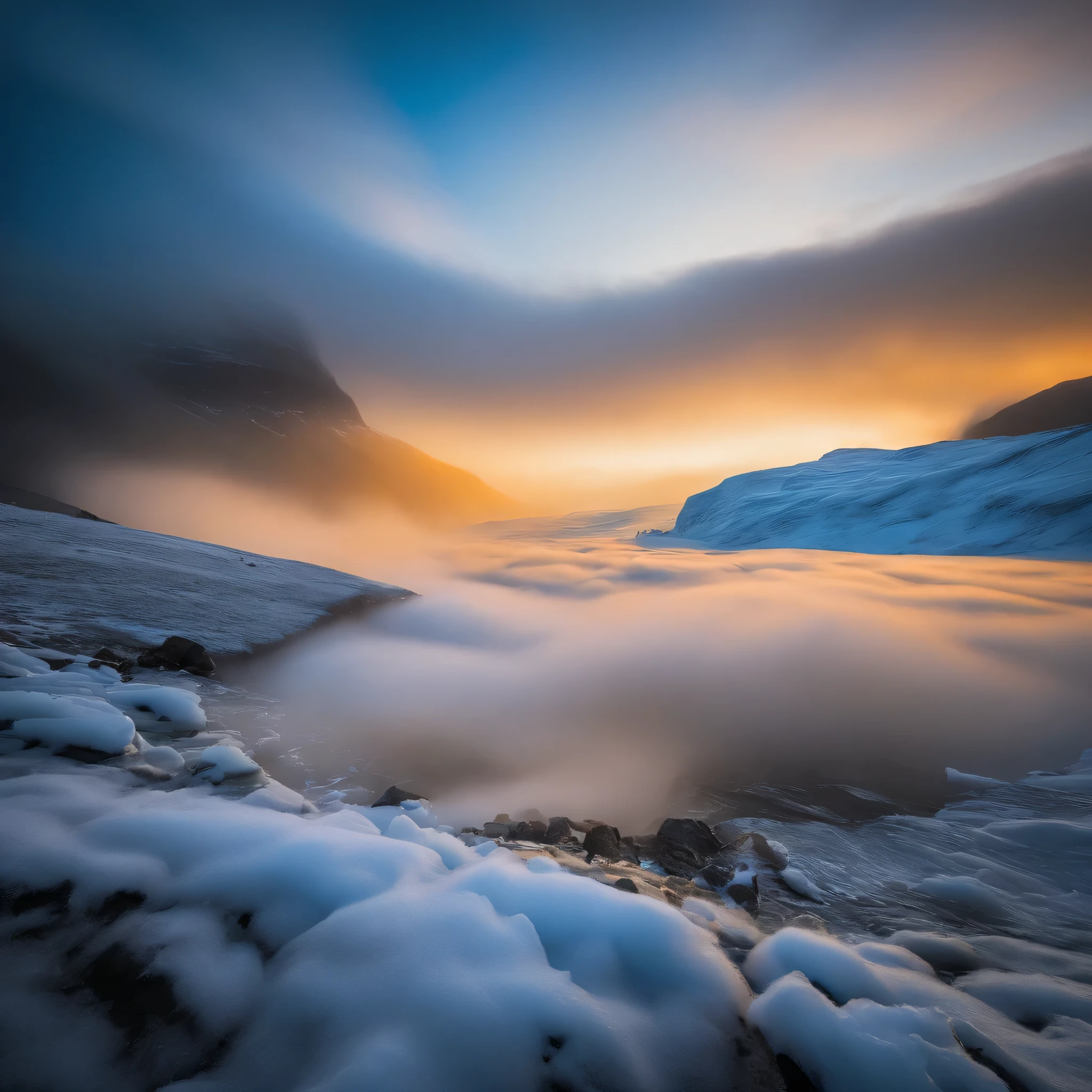 Massive melting of Swiss glaciers, Thick fog covered the ground., Blue light has no horizon, Unreal Motor 5, movies, low angle photography, Motion blurred image, depth of field, dust. SplashArt, Drip color. Perfect color classification. Influenced by karel Appel and jeremy mann., Iull of dramatic and threatening scenes, There are too many details., beautiful, Crazy details, complicated details, photo editor, Iotografado com uma lente de 50mm, depth of field, Tilt blur, Shutter Speed 1/1000, I/22. light map, Very bright