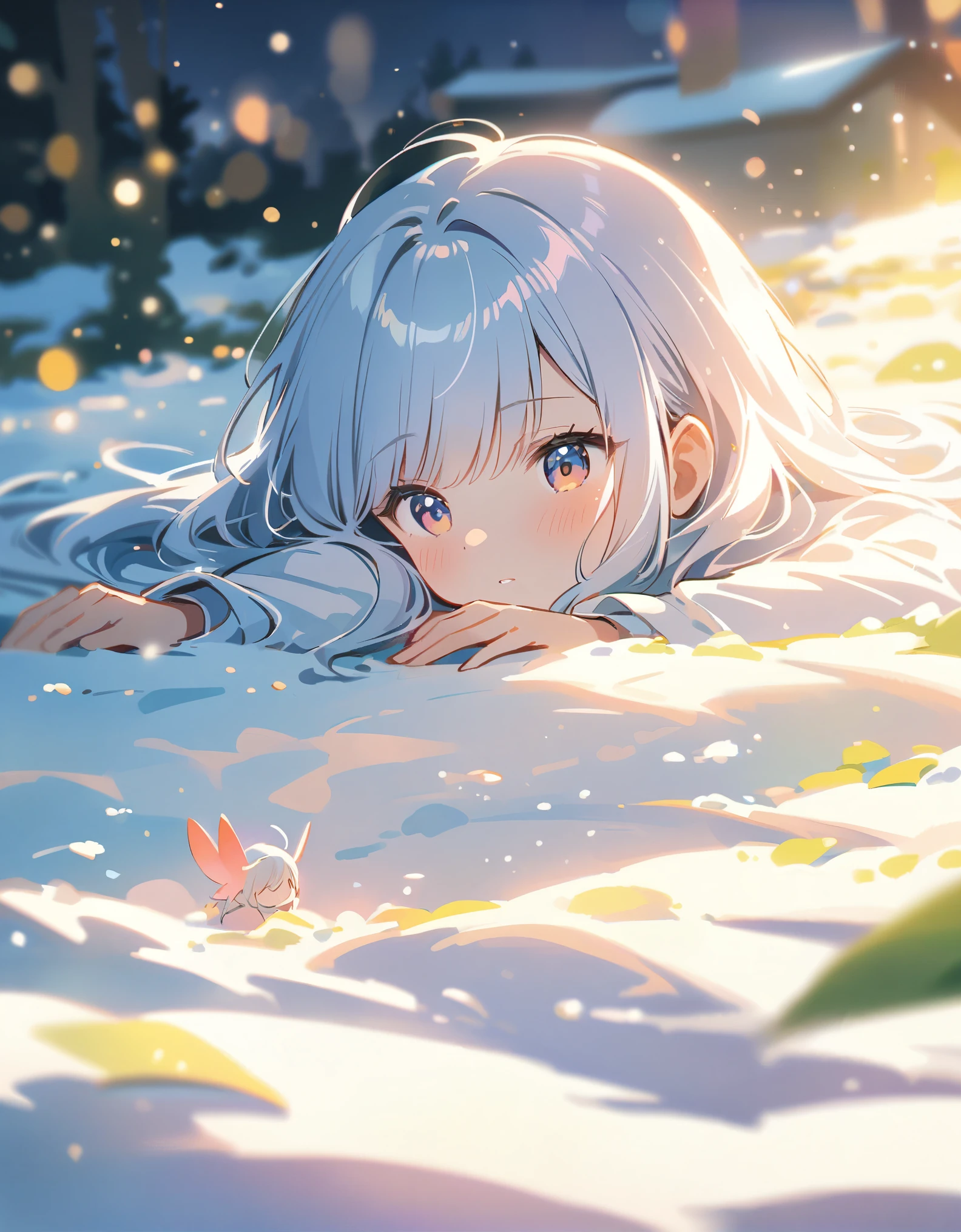 atmospheric perspective, depth of field, cinematic lighting, sparkle, f/2.8, 135mm, UHD, retina, high details, high quality, highres, best quality, 4K、snow、Silver Hair、１People Girls、Please depict the image as white and pale overall.,((Snow Fairy)),((lie down on the snow))