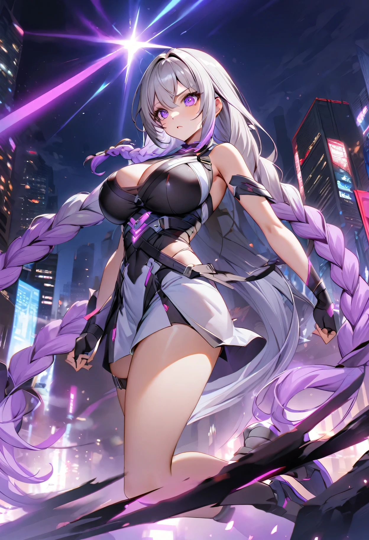 Full body portrait of a man posing fiercely against a neon-lit city background,Night view, yinji , 1 Girl, purple hair,purple eyes,very long hair,grey hair,double braid,large breasts,gradient hair, She is exercising her power, So there is a bright light behind her, Light up her white top. And put some black aura around you,To refer to your mysterious power.