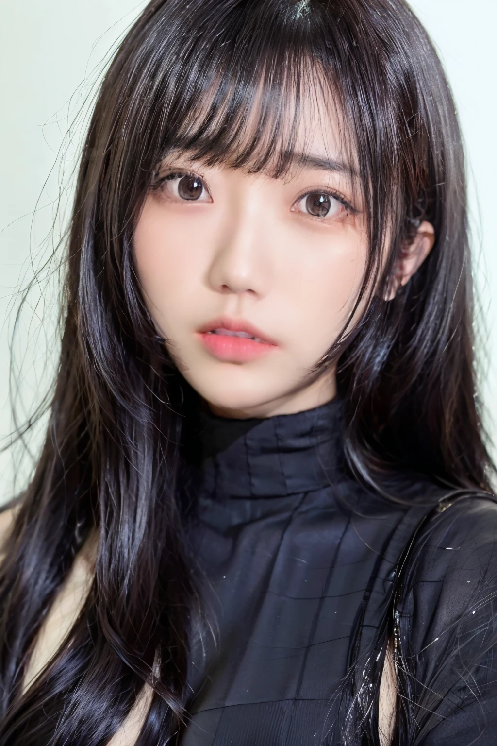 stunning, intricate full color Ultra HD portrait of a 28 year old Korean girl, long black hair, black eyes, detailed face, wearing a black turtleneck, epic character composition, alessio. albi, nina masic, sharp focus, natural lighting, subsurface dispersion, f2, 35mm, Ssunbiki,