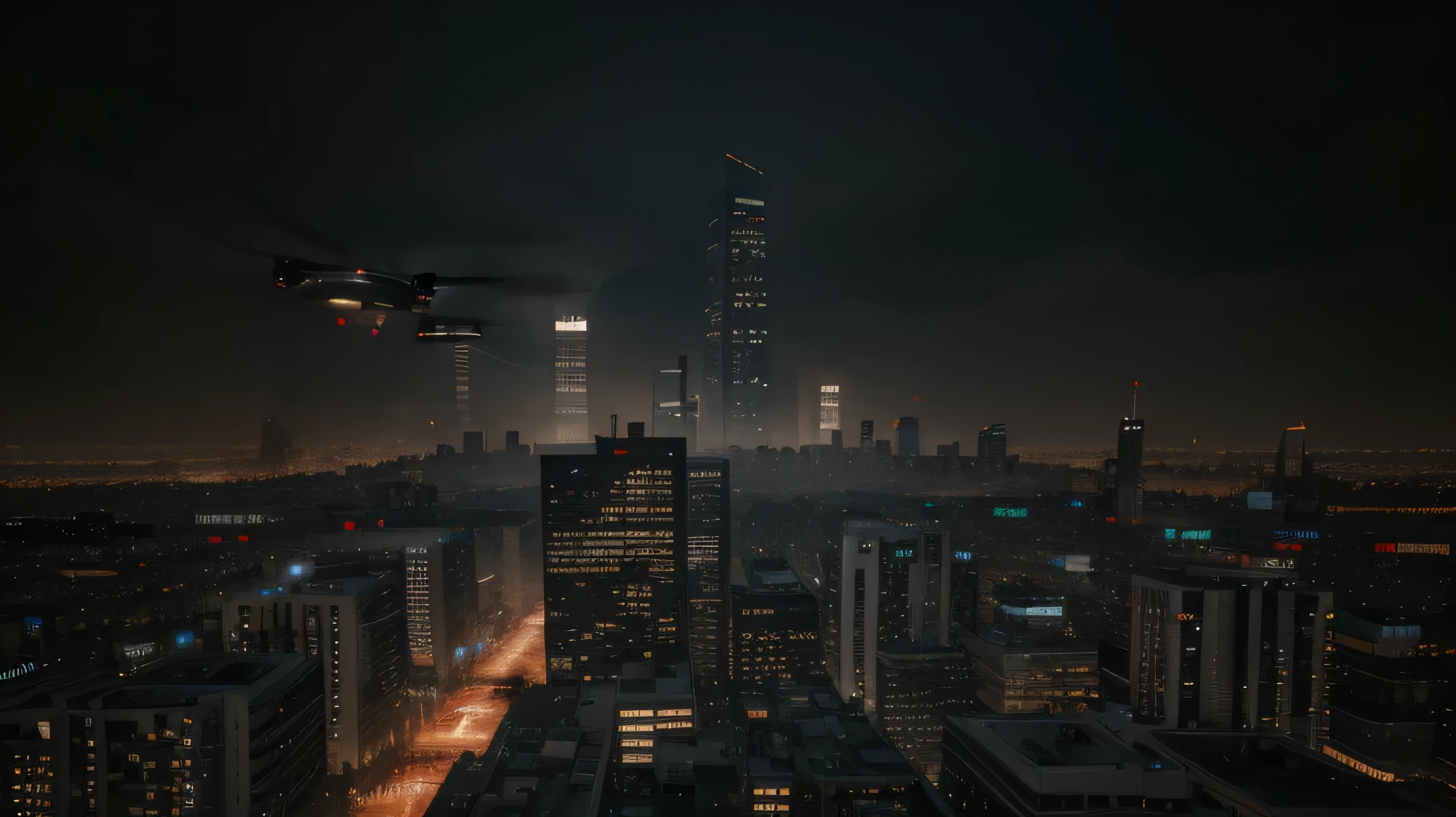 "Create an AI-generated drawing depicting a dystopian cityscape, where towering skyscrapers cast ominous shadows over crowded streets, polluted skies loom overhead, and surveillance drones patrol the air, capturing the bleak atmosphere of a futuristic dystopia."