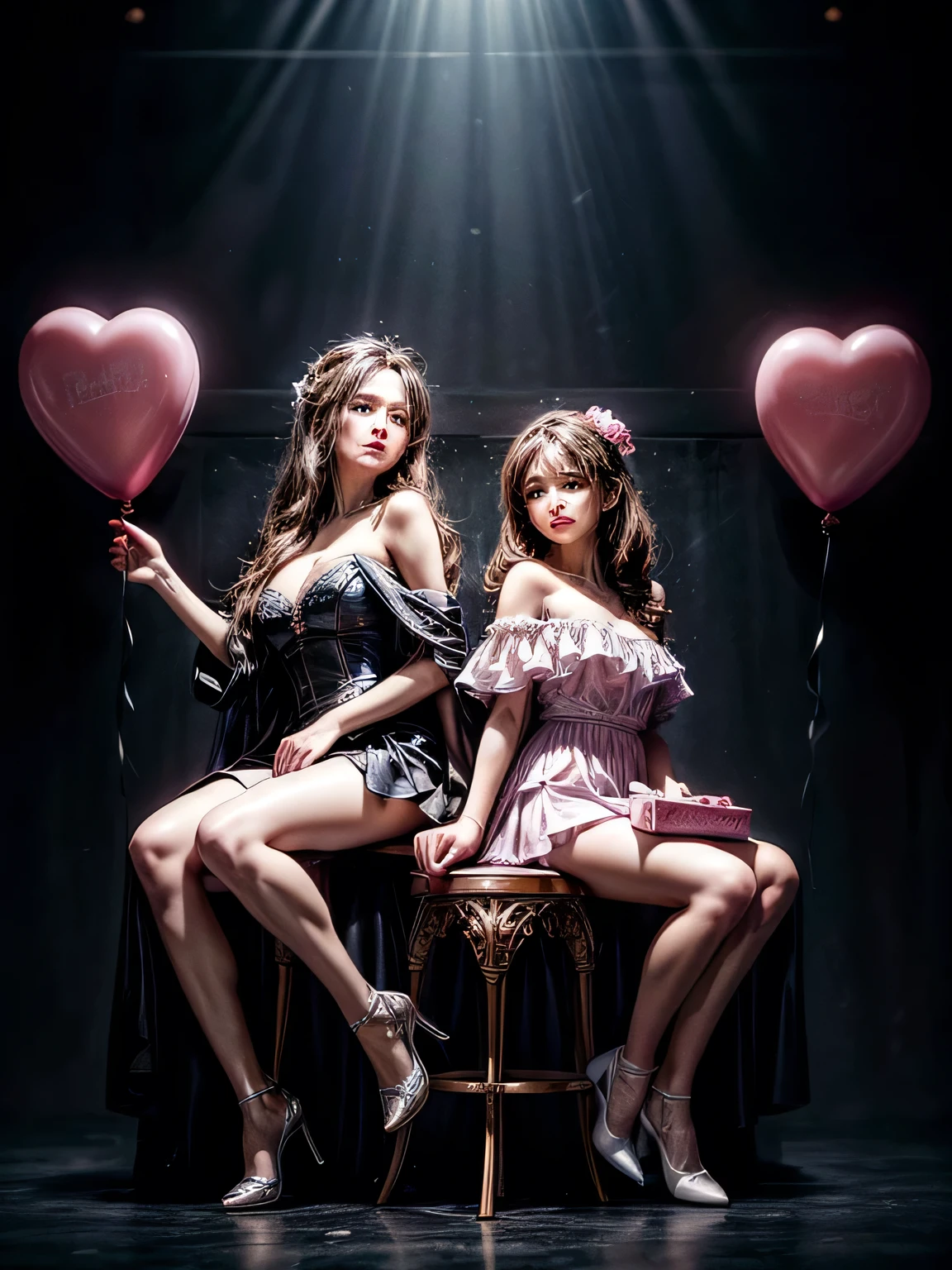 2 girls brunette celebration for an 30th birthday party. Two hot women's are in the center of the image, dancing; The person on the left is wearing a grey suit and white shoes, while the one on the right is in a pink off-shoulder dress with white heels and has 
a flower in their hair. Two tables with pink cakes decorated with roses are visible in the background, balloons float near them - The walls have dark panels and there's a stool with no one sitting on it. realistic ,masterpiece, best quality:1.4),highly professional photography,glamourous ,dramatic lighting ,looking at viewer,((best quality)), ((masterpiece)), (detailed), perfect face, 1:1 
