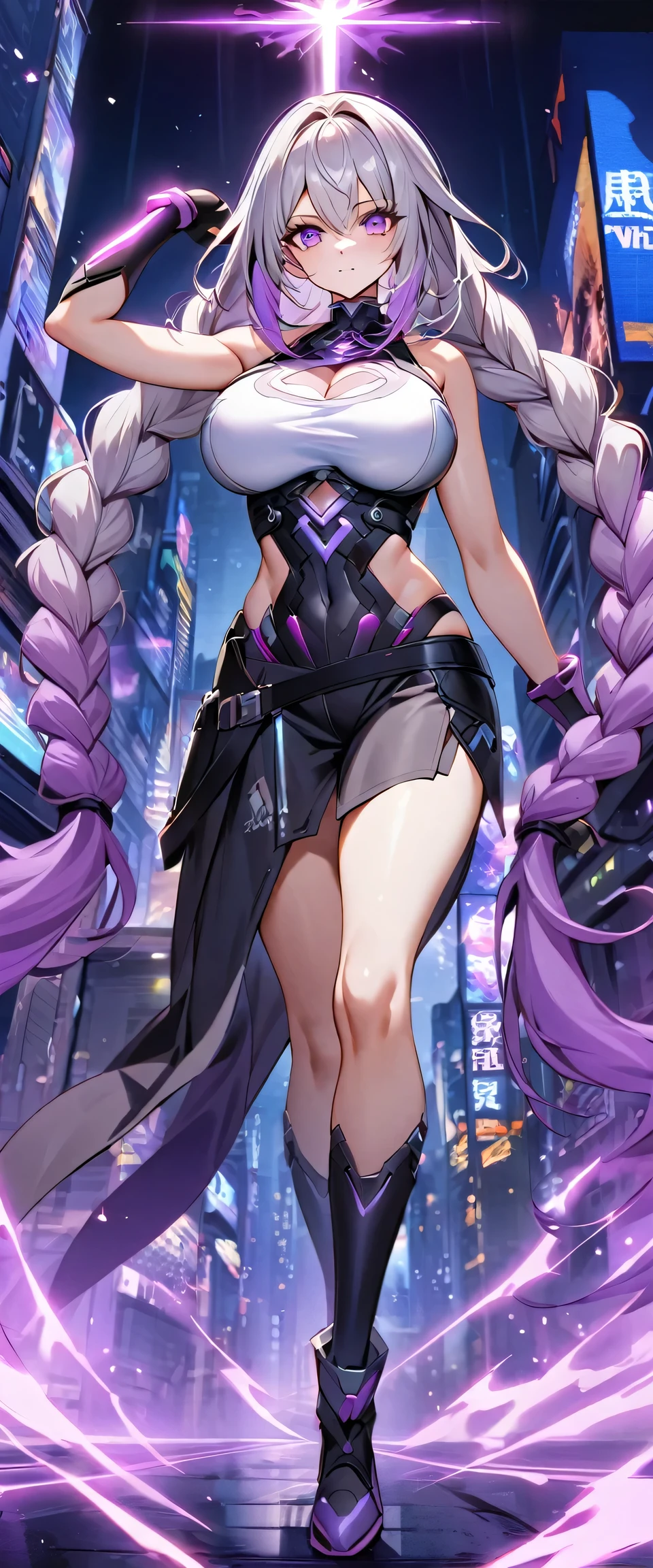 (((Masterpiece))), (best qualighy, best resolution:1.2), ultra perfect anatomy, perfect body, very delicate, super gorgeous hair, very long and beautiful hair, multicolored hair, absurderes, glowing eyes:1.2, white and purple bodysuit:1.4, clothes under clothes, full body, pigeon-toed, holding a sailor moon stick, smiling moon and stars in the background, unique art, most beautiful art, ((ultra detailed)), beautiful details, ((nice drawn hands and fingers)), (most beautiful legs), depth in field, cinematic lightining, colorful, intricate