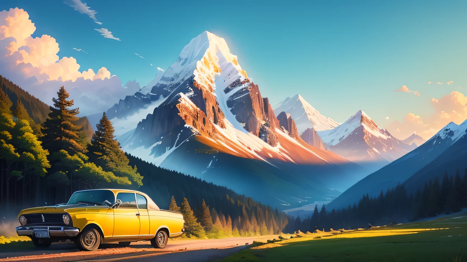 I am creating UHD images of mountainous landscapes.、It should be from a Makoto Shinkai movie , The Japanese landscape should be in spring, There is also an old yellow car.