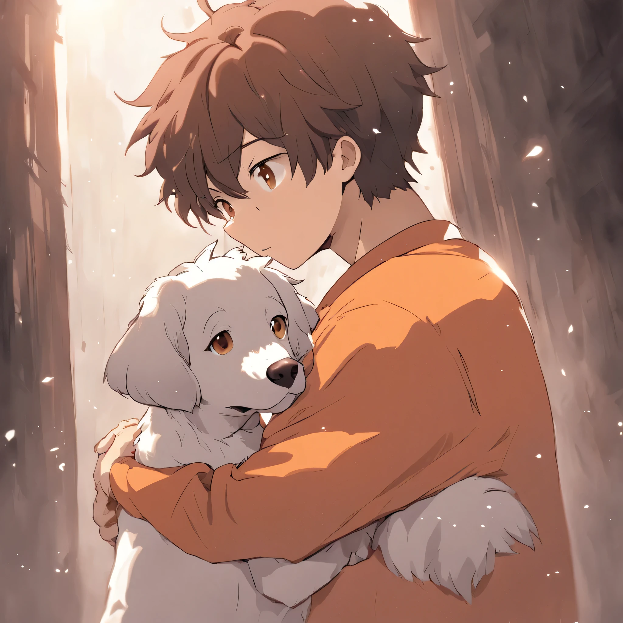 a white and brown puppy playing with a small glowing ball next to his owner a 27 year old man with light brown hair