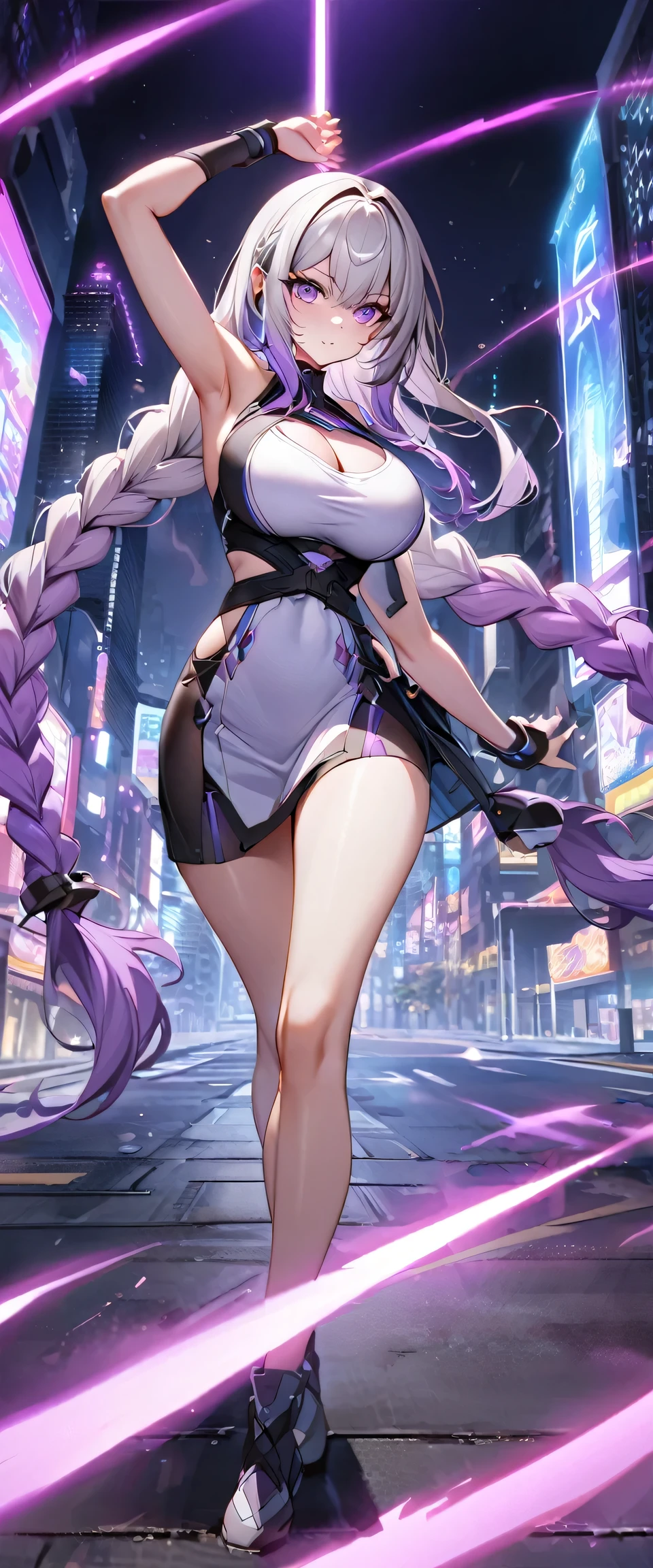 Full body portrait of a man posing fiercely against a neon-lit city background,Night view, yinji , 1 Girl, purple hair,purple eyes,very long hair,grey hair,double braid,large breasts,gradient hair, She is exercising her power, So there is a bright light behind her, Light up her white top. And put some black aura around you,To refer to your mysterious power.