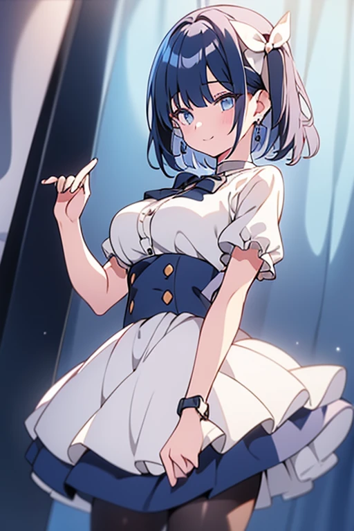 highest quality, 8K,(one girl:1.3),(sharp bob),Navy Hair,light Blue Eyes,seductive smile,Black Pantyhose, Blue short skirt,White blouse,Almond-shaped eyes,close mouth,Fancy Room,make out,fidgety,from side,(tall stature:1.1),shy,hair ribbon, frills, short sleeves,one side up