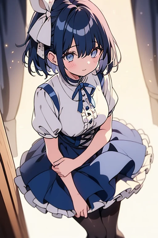 highest quality, 8K,(one girl:1.3),(sharp bob),Navy Hair,light Blue Eyes,seductive smile,Black Pantyhose, Blue short skirt,White blouse,Almond-shaped eyes,close mouth,Fancy Room,make out,fidgety,from side,(tall stature:1.1),shy,hair ribbon, frills, short sleeves,one side up