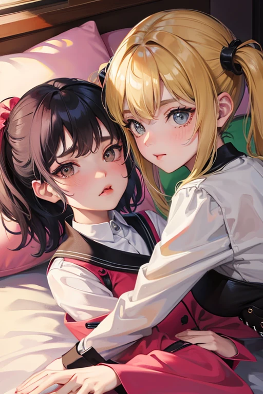 2girl,pout,on the bed,