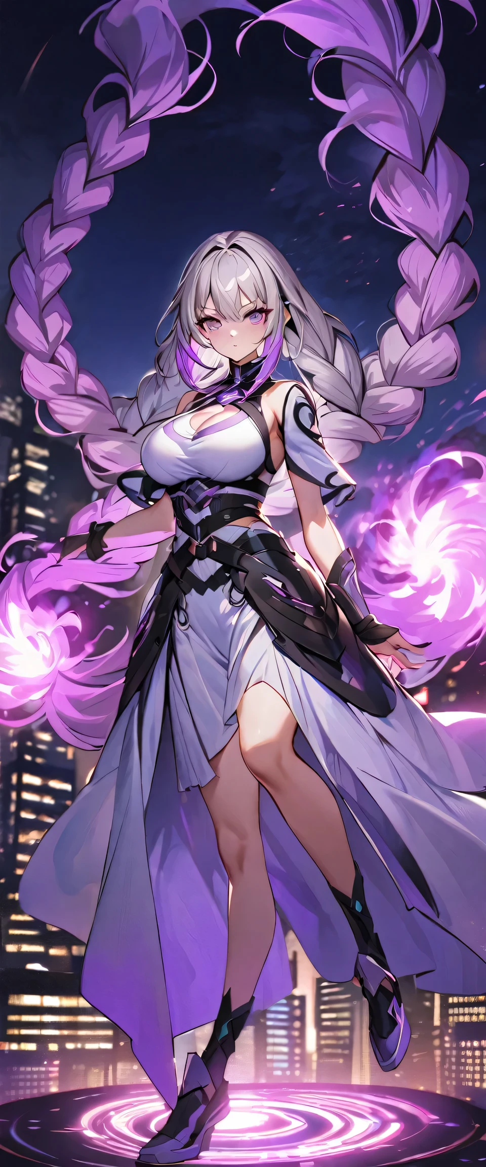 Full body portrait of a man posing fiercely against a neon-lit city background,Night view, yinji , 1 Girl, purple hair,purple eyes,very long hair,grey hair,double braid,large breasts,gradient hair, She is exercising her power, So there is a bunch of bright fireworks behind her, Light up her white top. And put some black aura around you,To refer to your mysterious power.