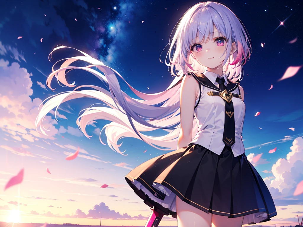 Red and white uniform Purple eyes, Beautiful eyes in every detail、 iris、Shining Eyes, (((Pink and blue gradient hair)))、(((One Girl))),Multicolored Hair、Inner Color、28歳woman、Shortcuts、1 girl、Big smile、Beautiful sky、8k background、Center of chest、whole body、woman、((((Place your arms behind your back)))),Sleeveless、(((Black Knee High)))、Beautiful background