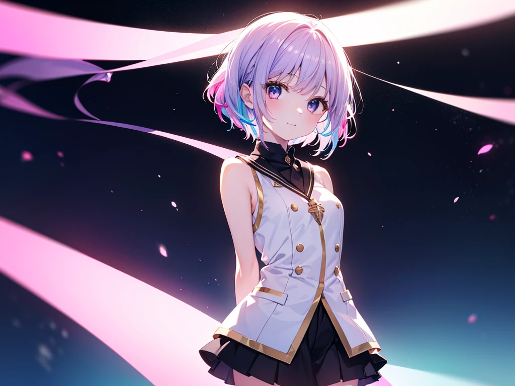 Red and white uniform Purple eyes, Beautiful eyes in every detail、 iris、Shining Eyes, (((Pink and blue gradient hair)))、(((One Girl))),Multicolored Hair、Inner Color、28歳woman、Shortcuts、1 girl、Big smile、Beautiful sky、8k background、Center of chest、whole body、woman、((((Place your arms behind your back)))),Sleeveless、(((Black Knee High)))、Beautiful background