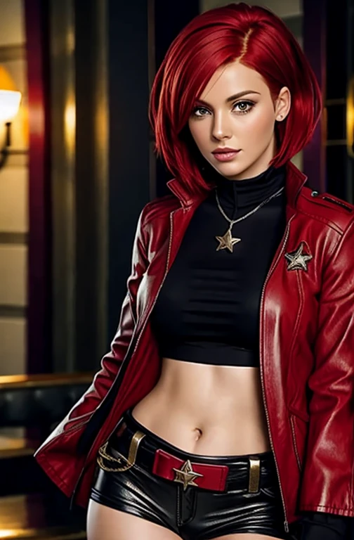 red bob cut, beautiful woman, starship captain, short jacket, cowboy shot, flirty, military bearing, standing, pirate