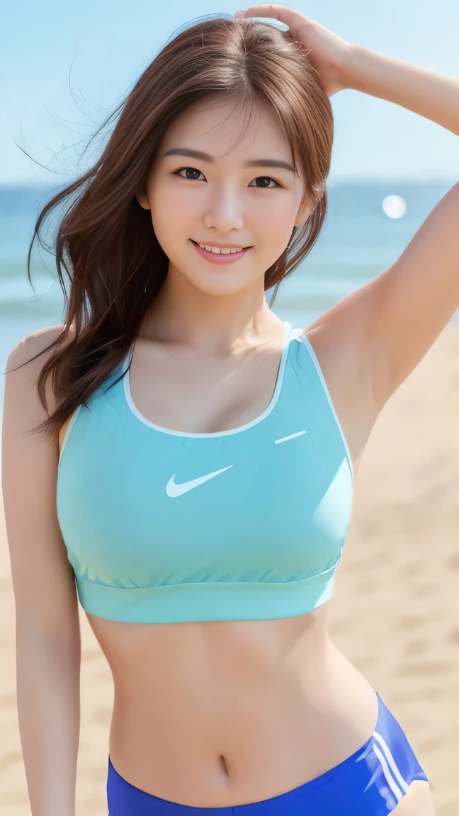 Photo from the thigh up, The body and face turn to the viewer, 、drill hair、Brown hair、A slight smil、cute little、((top-quality、8K、masterpiece:1.3))、sharp focus:1.2、An ultra-high picture quality、top-quality、masterpiece、natural soft light、noon, sport bra, smile, Do not emphasize the top of the bust, Facing the viewer, at the beach,