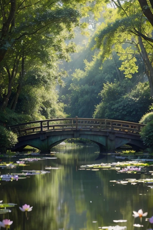 (best quality,ultra-detailed,realistic:1.37),Claude Monet painting style,fine brush strokes,impressionist art,soft color palette,subtle blend of colors,vivid outdoor scenes,natural lighting,beautiful landscapes,water reflections,Japanese bridge,water lilies,serene atmosphere,peaceful gardens,greenery,nature-inspired,floral motifs,en plein air technique,long brushstrokes,loose brushwork,light and shadow play,atmospheric effects,ethereal quality,sunlight filtering through trees,playful use of light,dreamlike ambiance,subtle texture,masterpiece:1.2.