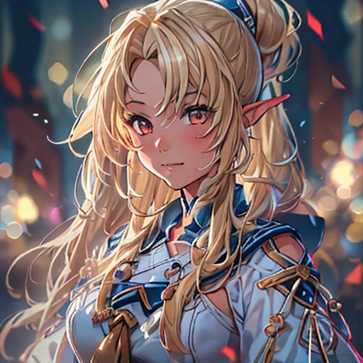 (masterpiece), 8k CG, Stunningly beautiful girl, Intricate details, chromatic aberration, ((Bust Shot)), ((View Viewer)), One girl, Shiranui Flare, (Long ponytail, (Blonde Hair)),A very beautiful and delicate portrait, Cute Face, Big smile, Joyful, Soft Cheeks, blush, compensate, Absurd, Cinema Lighting, Dynamic Lighting, Fantasy, ((Dark Background, fog))