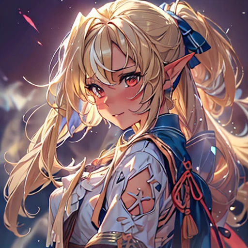 (masterpiece), 8k CG, Stunningly beautiful girl, Intricate details, chromatic aberration, ((Bust Shot)), ((View Viewer)), One girl, Shiranui Flare, (Long ponytail, (Blonde Hair)),A very beautiful and delicate portrait, Cute Face, Big smile, Joyful, Soft Cheeks, blush, compensate, Absurd, Cinema Lighting, Dynamic Lighting, Fantasy, ((Dark Background, fog))