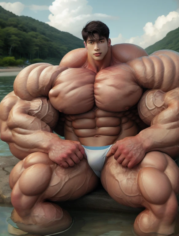 1 asian boy, giant, model shoot style, looking at camera, standing, cool ambience, outdoor, summer season, at the ocean lagoon, cloudy sky, strong body, bulk, large size, seated on the rock, ocean, naked, white triangular underwear, prominent bulge trunks, big, brutalmass, giant, muscular body, bulk, massive body, large meaty body size, brown skin, wet