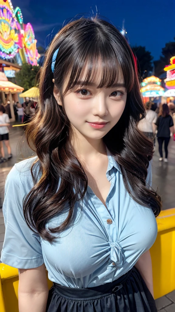 Female((35year old)), hair((wavy, long, black)), eyes((small eyes, black eyes)), clothes((shirts, blue, light blue pattern)), accessorieickey mouse hairband)), medium breast, korean make-up look,  amusement park, fountain, ferris wheel,