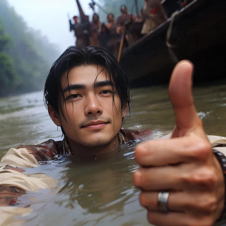 (Best Quality:1.2), (high resolution:1.2), (beautiful face and eye:1.5), (sharpest focus:1.2), (Ultra-realistic Photo:1.2), (Ultra-precise Photo:1.2), (Depth of field:1.2), (8k high resolution:1.2). (perfect anatomy:1.2),
(nice hands:1.5), (perfect hands:1.5), (One drowning Chinese man:1.2), (Very young and beautiful Chinese man:1.0), (Smiling thumbs up in a state of resignation:1.2), (Looking up angle:1.2),
(Chinese warrior in very light clothing, beaten up:1.0), (Majestic Chinese river:1.0), (Cynical smile:1.0), (Giant battleship:1.0), (Mars shining reddish-red in the night sky:1.2),