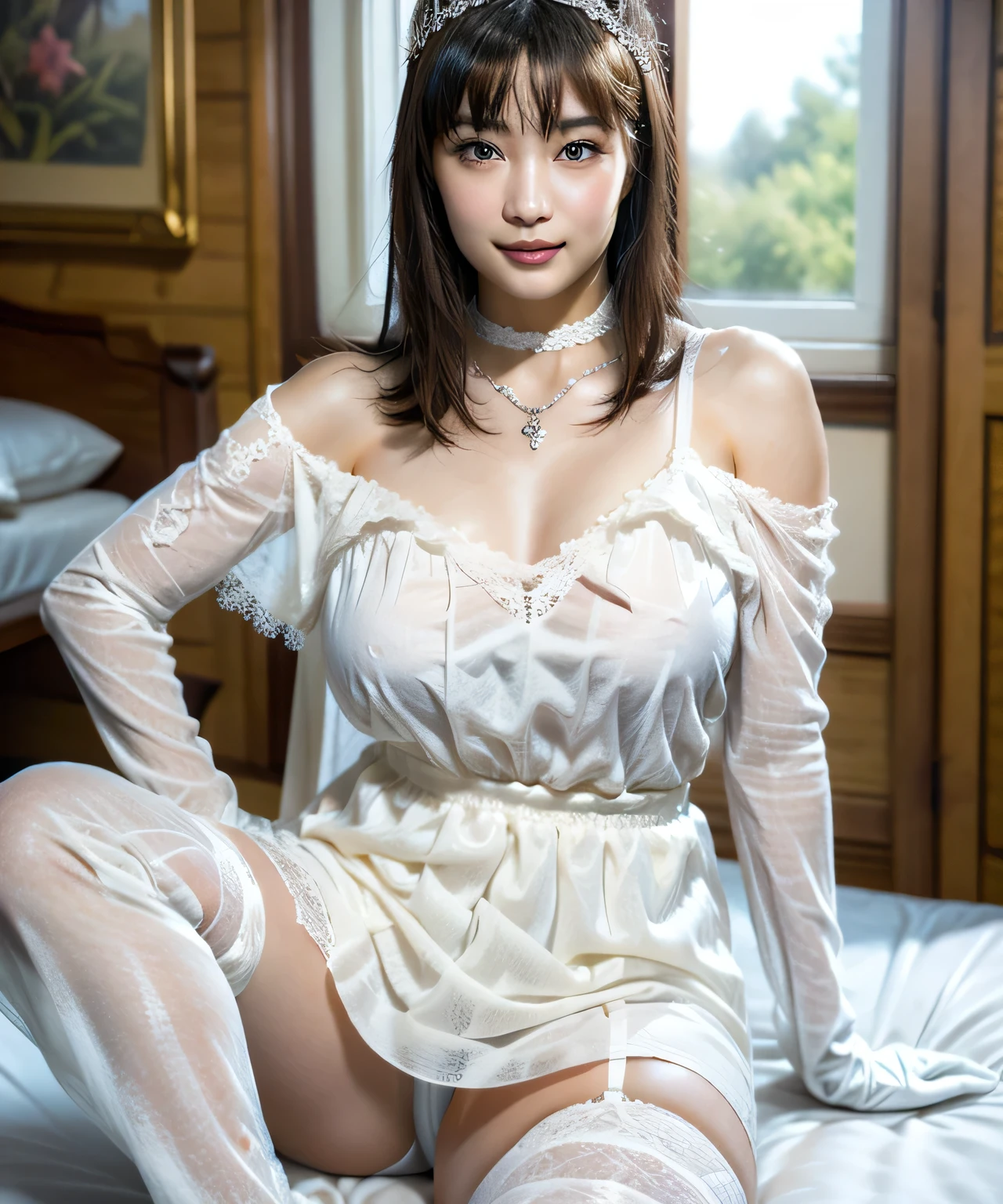 (8k, RAW Photos, highest quality,masterpiece: 1.2), (Realistic,photo-Realistic:1.37),Very detailed,1 girl,cute,alone,beautifully(smile: 1.1), Medium chest, Beautiful fine details,(short hair: 1.2),wedding style,see-through minidress,mini skirt,off shoulder,whiteglove,open crotch lingerie,legs UP,(spread legs),Wedding Veil,tiara,skirt lift,High heels,see-through dress,dress lift self,wedding veil,tiara,choker,(Wearing white gloves),((white thighhighs)),zettai ryouiki,church,on bed,ahegao,nipples,grab hip,legs up,hold knees,garter belt,garter strap,white choker,white lace gloves,Beautiful embroidery,White lace garter belt:1.2,Beautiful Necklace,perfect proportions,cute,((18 year old female:1.2)),young adorable japanese face,official art,Highly detailed ,(masterpiece:1.0),(highest quality:1.0), high resolution,4k,Super detailed, photo shoot, 8K, kodak portrait 400,film grain,lens flare glow,high quality,8K,nffsw:1.2),portrait shot,8KView viewer,((camel toe)),Double