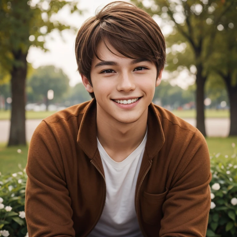 A young man, brown hair, calm smile