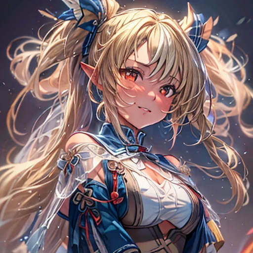 (masterpiece), 8k CG, Stunningly beautiful girl, Intricate details, chromatic aberration, ((Bust Shot)), ((View Viewer)), One girl, Shiranui Flare, (Long ponytail, (Blonde Hair)),A very beautiful and delicate portrait, Cute Face, Big smile, Joyful, Soft Cheeks, blush, compensate, Absurd, Cinema Lighting, Dynamic Lighting, Fantasy, ((Dark Background, fog))