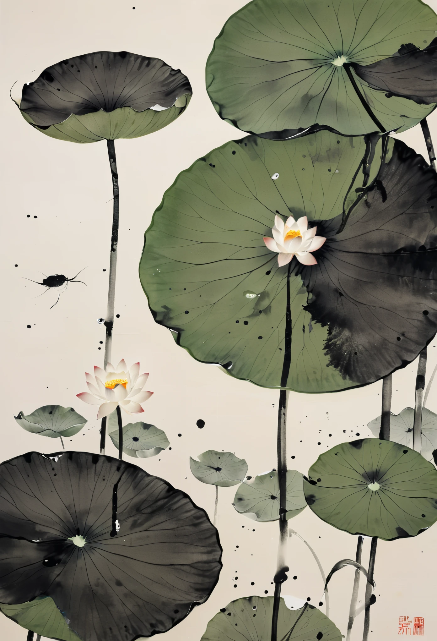 Lotus, lotus leaves, koi，
Splattered black ink,flawless,clean,
Meticulous brush,Freehand splash ink,xuer Ancient style ink,