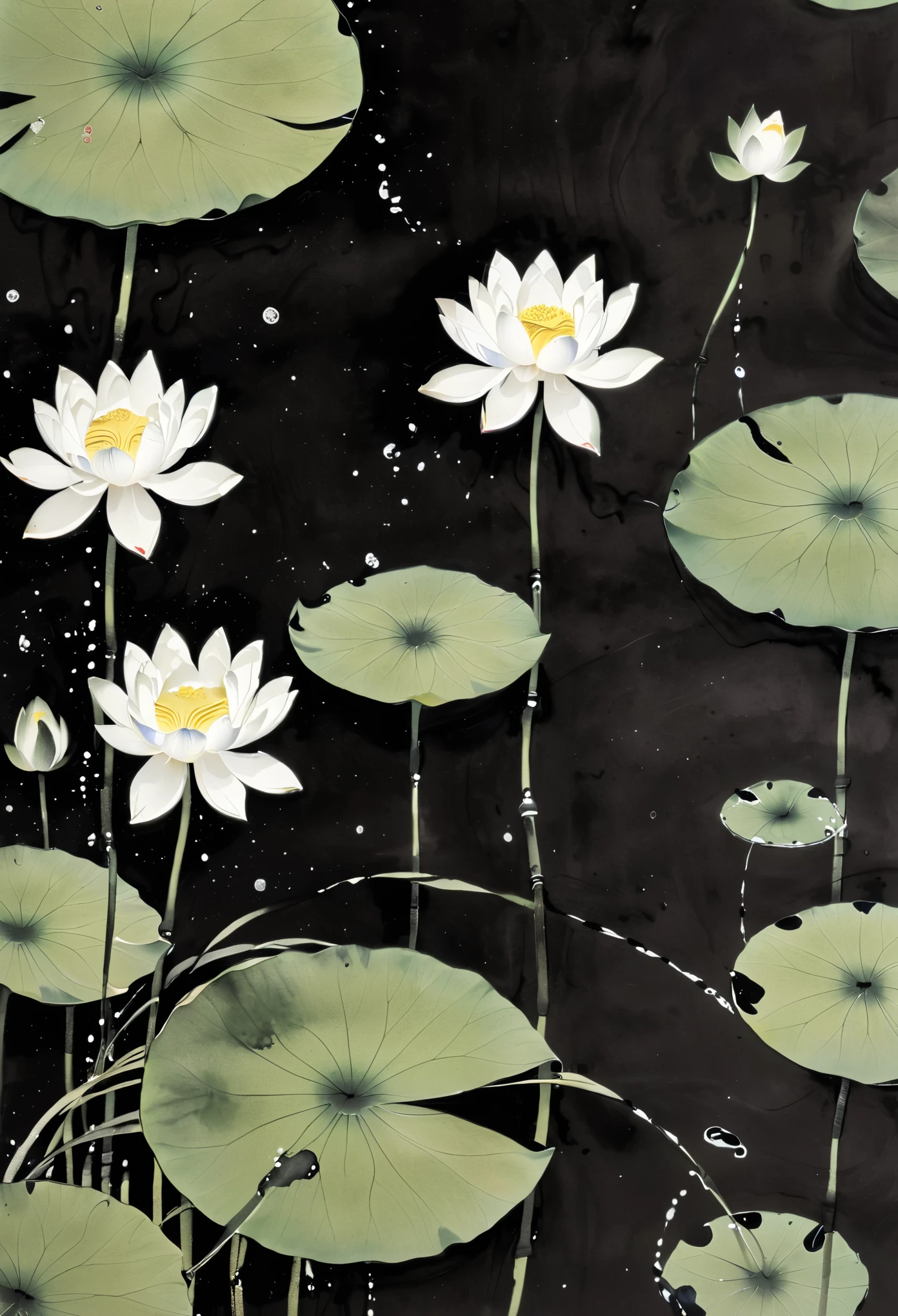 Lotus, lotus leaves, koi，
Splattered black ink,flawless,clean,
Meticulous brush,Freehand splash ink,xuer Ancient style ink,