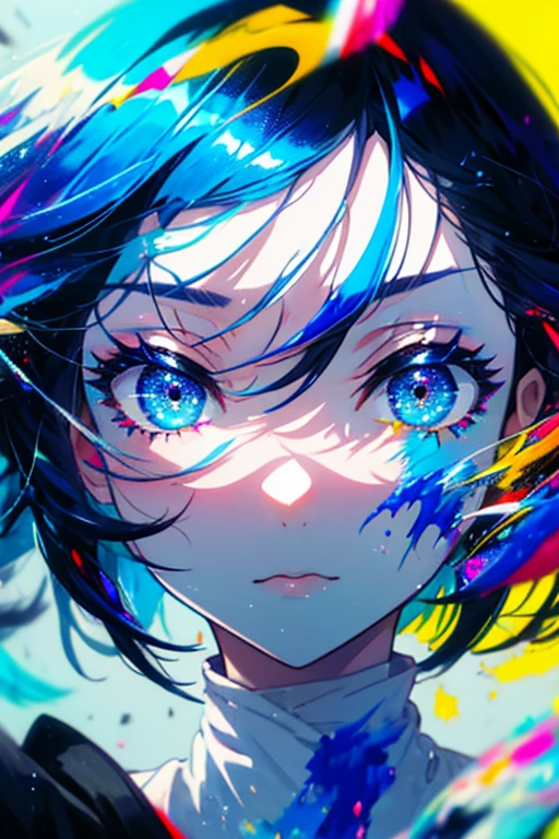 1girl,solo,cute,blue hair,colorful,paint,face focus,perfect face,face is dirty for painting,brilliant eye,vivid eye,colorful eye,glorious