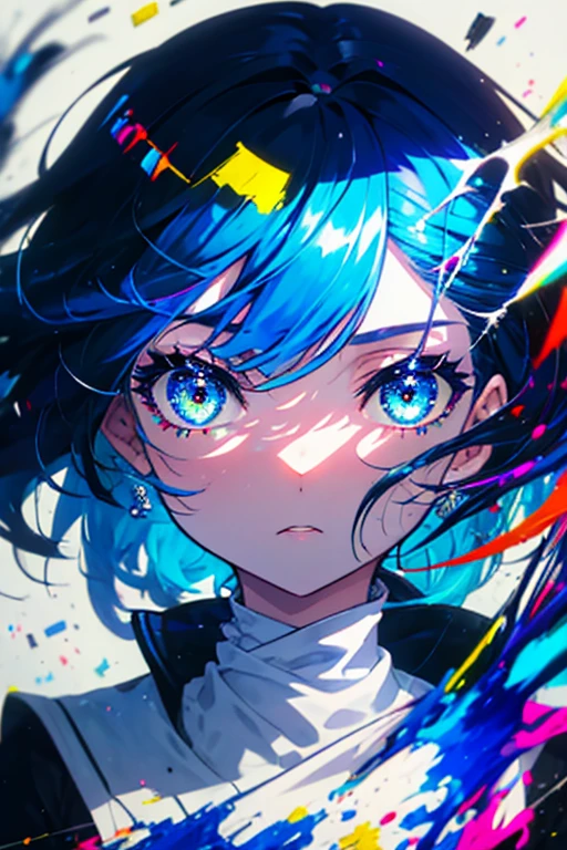 1girl,solo,cute,blue hair,colorful,paint,face focus,perfect face,face is dirty for painting,brilliant eye,vivid eye,colorful eye,glorious