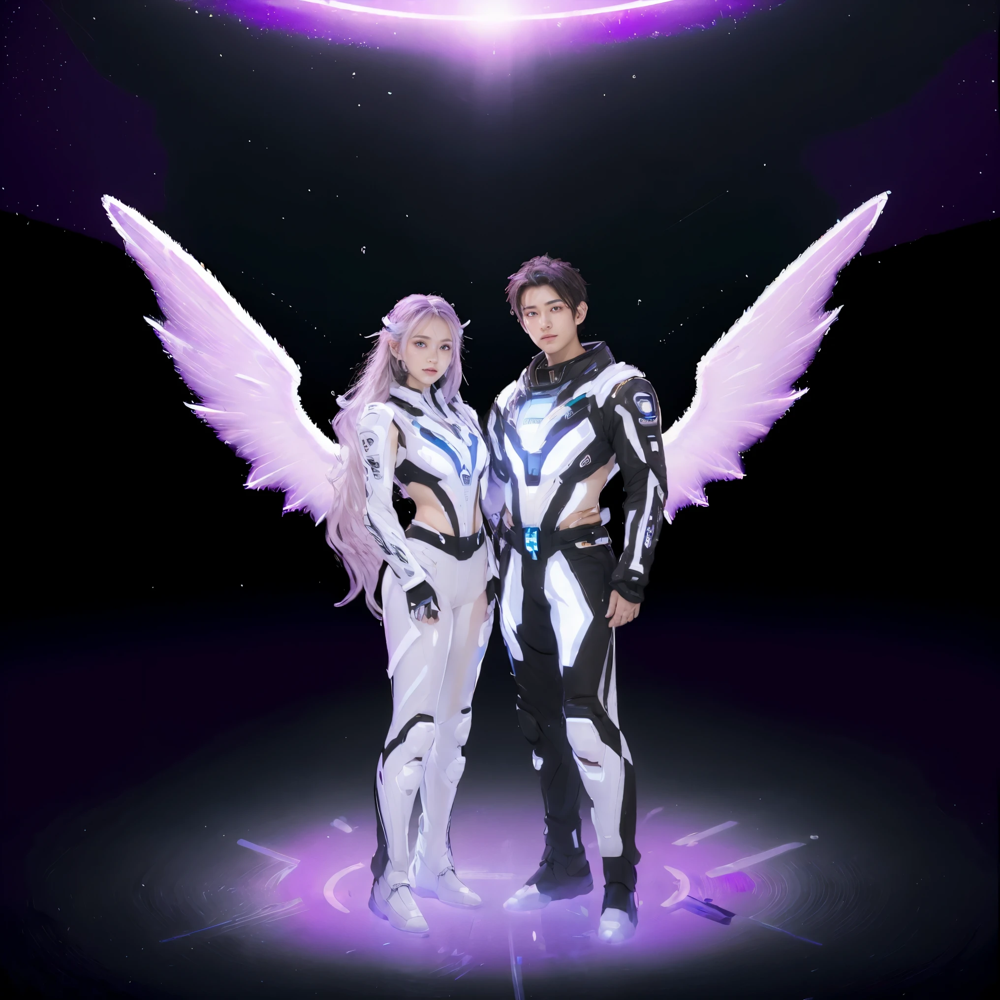 ((masterpiece, best quality, extremely detailed), volumetric lighting, ambient occlusion, colorful, glowing), a boy and a girl, (purple white gradient long hair),  halo, aura, sacred, goddess, cyber suit, (white outfit:1.3), android, bot, angel wings,
outdoors, sunset, sky, clouds, space, ((a couple shot)),