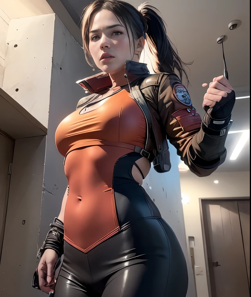 Resident Evil, apocalyptic city, Beautiful Claire Redfield (Claire Redfield) 身旁yes一位美麗的女人全身粉紅色皮膚中紅色頭髮, Red leather bodysuit jacket, Holster holding gun, Realistic and detailed face and body clear image high detail CGI 8K, hologram, ( Medium breasts:1.3), (realism:1.5), (realism:1.4), (absurd:1.4), 8K, Extremely detailed, Beautiful girl detail, (1:1.Only 4), 1 girl, (For the audience:1.2 ), (Sunny Day:1.5), Intricate body details, (short:1.3), (best quality: 1.0), (Ultra-high resolution): 1.0), The face and eyes are rich in detail, (Reality: 1.2), Solitary, yes, retreat