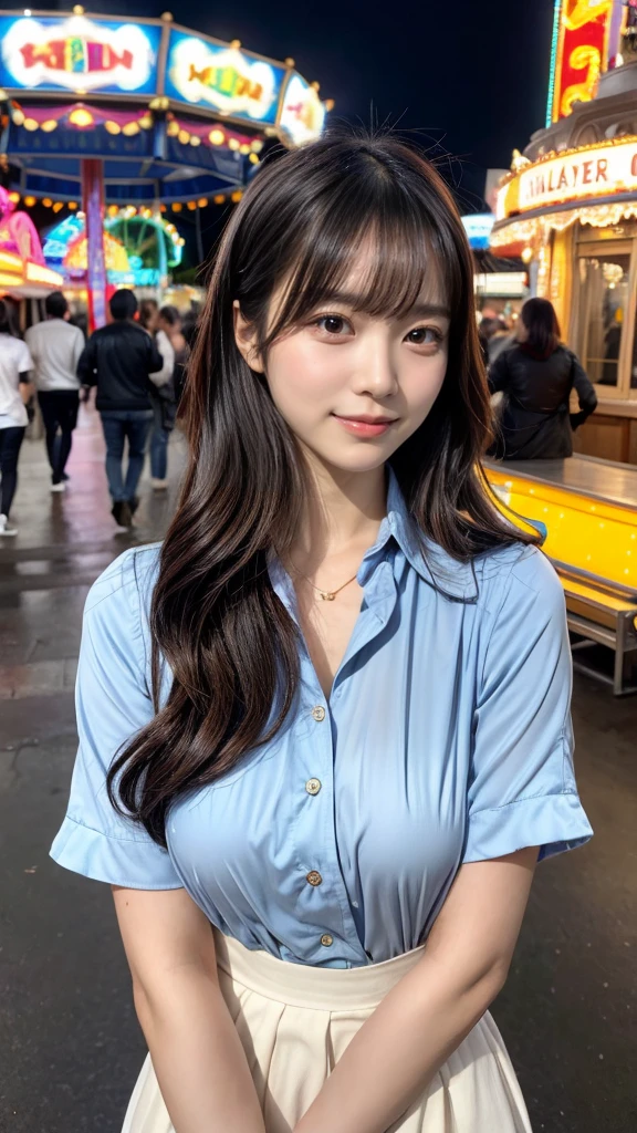 Female((35year old)), hair((wavy, long, black)), eyes((small eyes, black eyes)), clothes((shirts, blue, light blue pattern)), accessorieickey mouse hairband)), medium breast, korean make-up look,  amusement park, fountain, ferris wheel,
