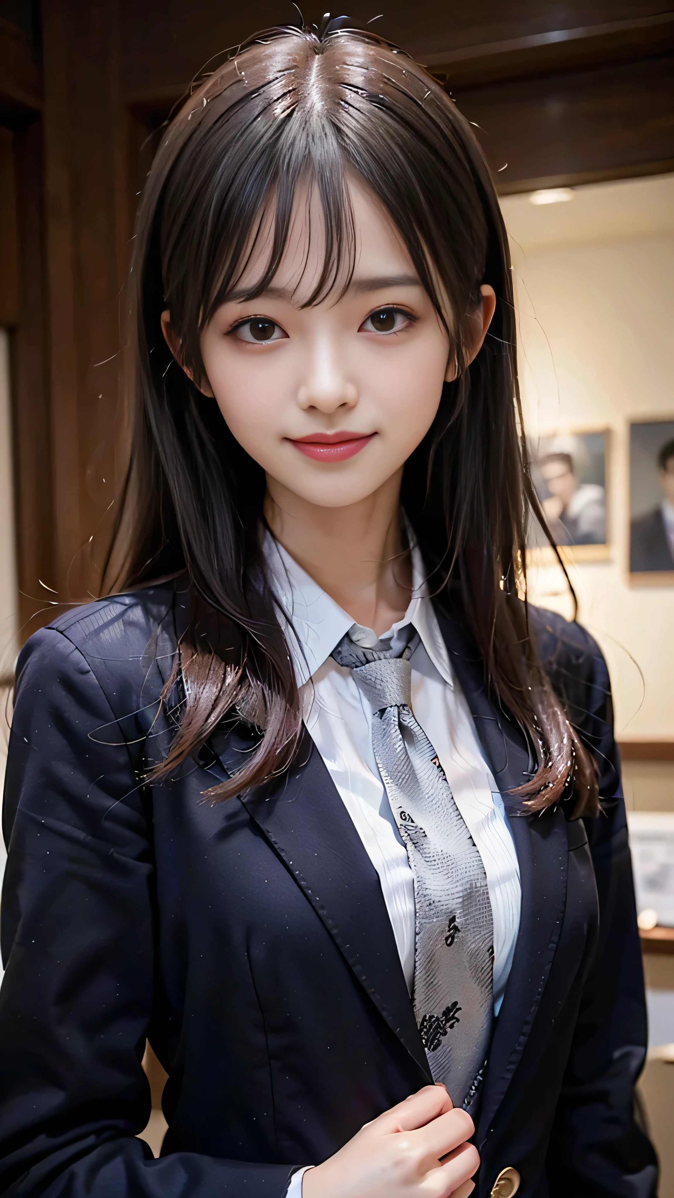 ((highest quality、masterpiece、High resolution))、(((Zoom photo of upper body)))、A shy smile、、Large Breasts、Black blazer、tie、shirt、Black Hair、Trimmed bangs、Straight Hair))