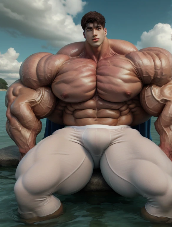 1 asian boy, giant, model shoot style, looking at camera, standing, cool ambience, outdoor, summer season, at the ocean lagoon, cloudy sky, strong body, bulk, large size, seated on the rock, ocean, naked, white triangular underwear, prominent bulge trunks, big, brutalmass, giant, muscular body, bulk, massive body, large meaty body size, brown skin, wet