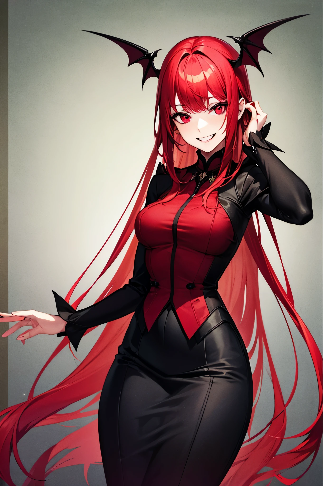 masterpiece, highest quality, High resolution, One girl, alone, Modern vampires, Redhead, Long Hair, Open Hair, Red eyes, Wicked Smile, , Red and black outfit, Scary background